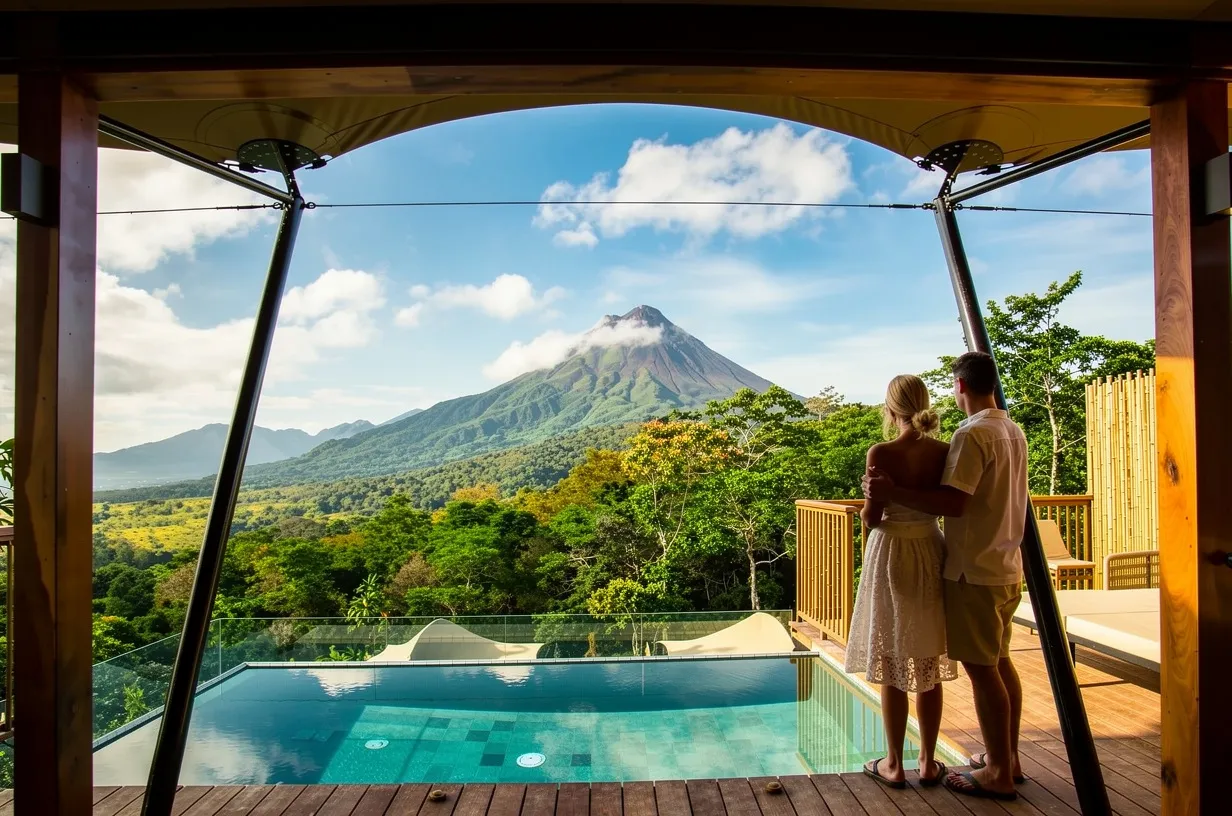 Couple overlooking Arenal Volcano from a luxury Costa Rica villa