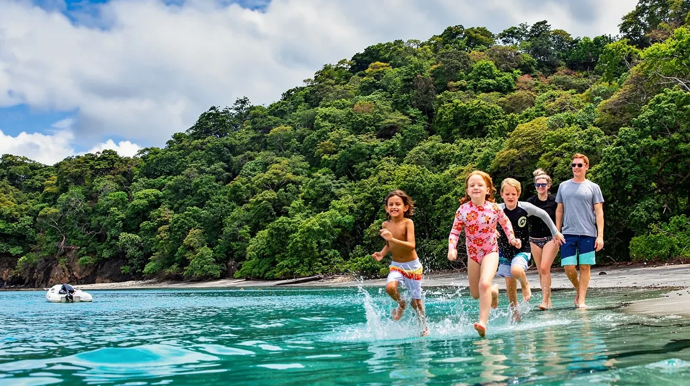Familia corriendo por agua azul en una playa de Costa Rica