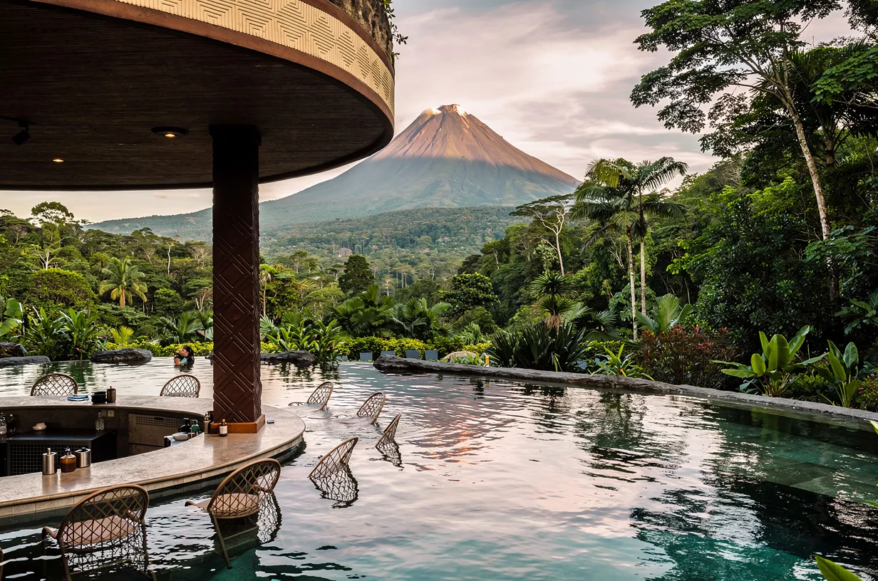 Pool eines Luxusresorts in Costa Rica mit Blick auf den Vulkan Arenal