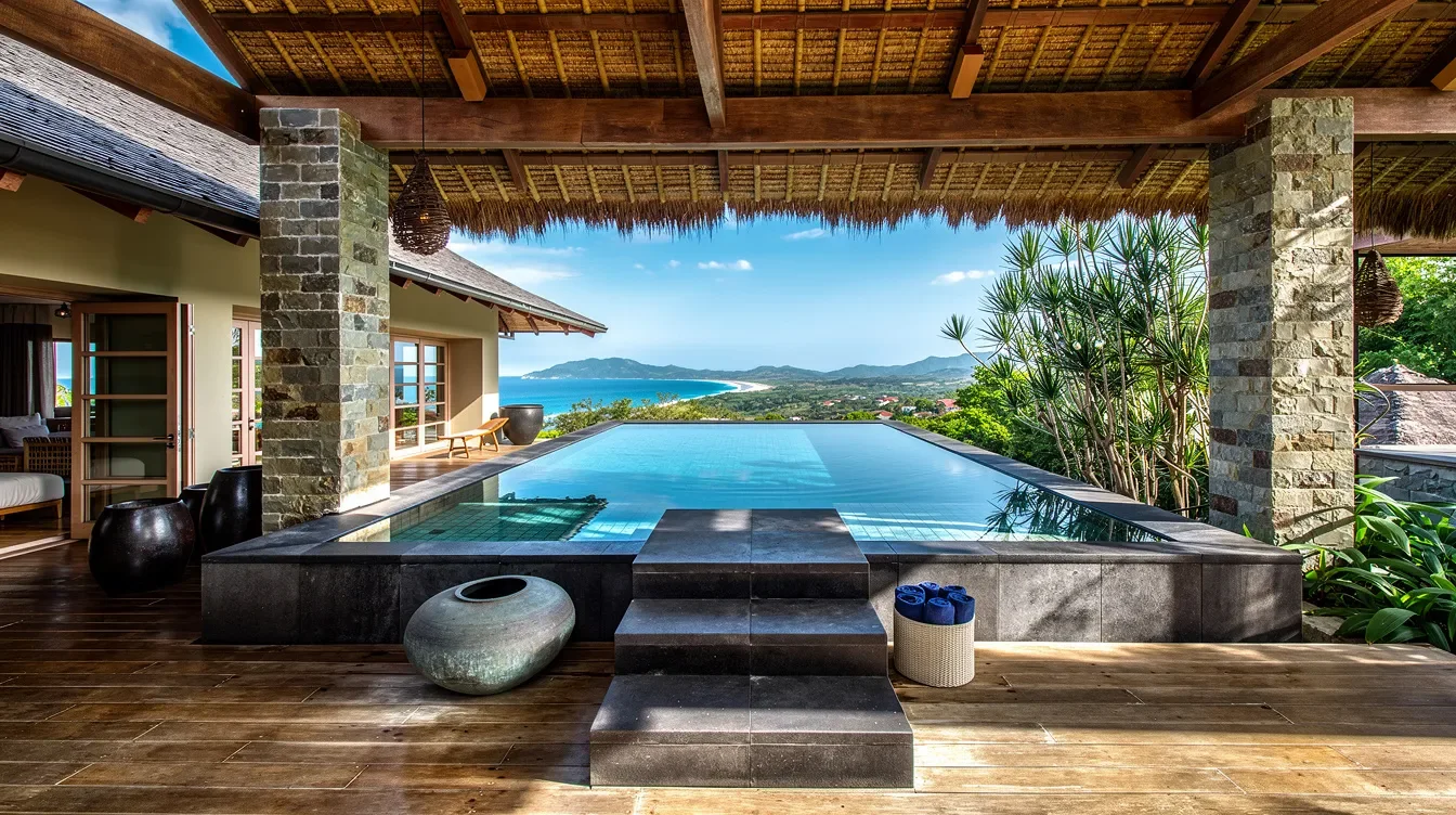 Pool einer Luxusvilla in Costa Rica mit Meerblick und überdachter Terrasse