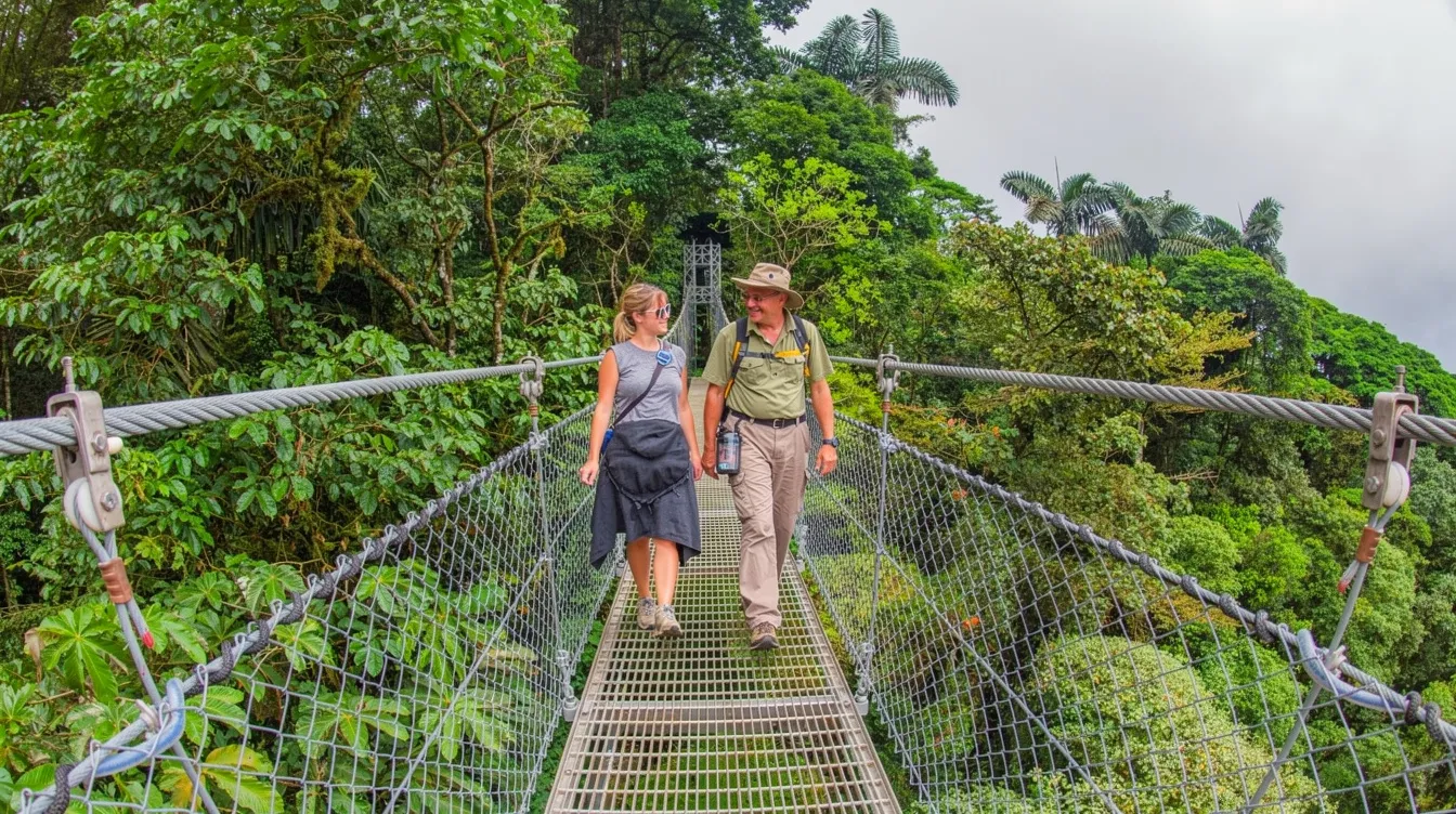Travelers crossing a hanging bridge on a private Costa Rica rainforest tour