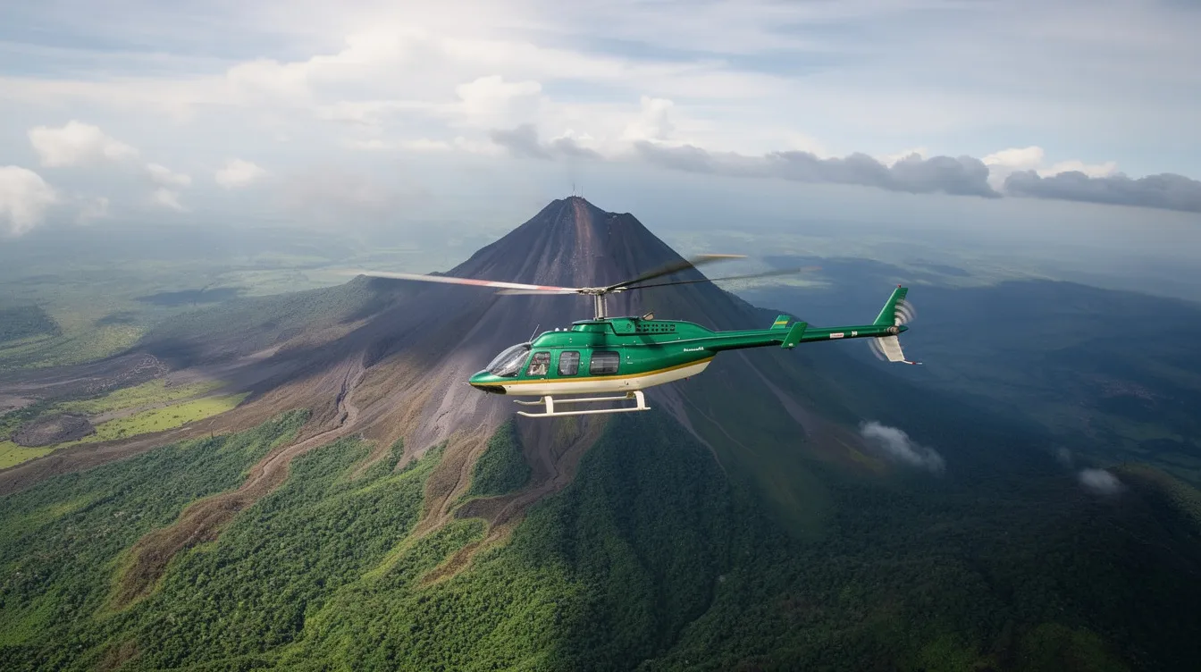 Helicóptero sobrevolando un volcán en Costa Rica