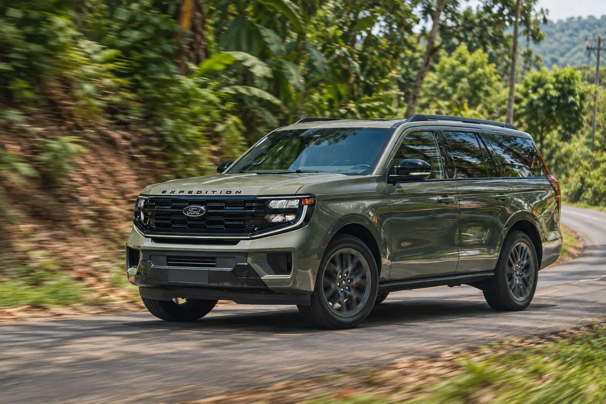 Ford Expedition driving on a tropical road