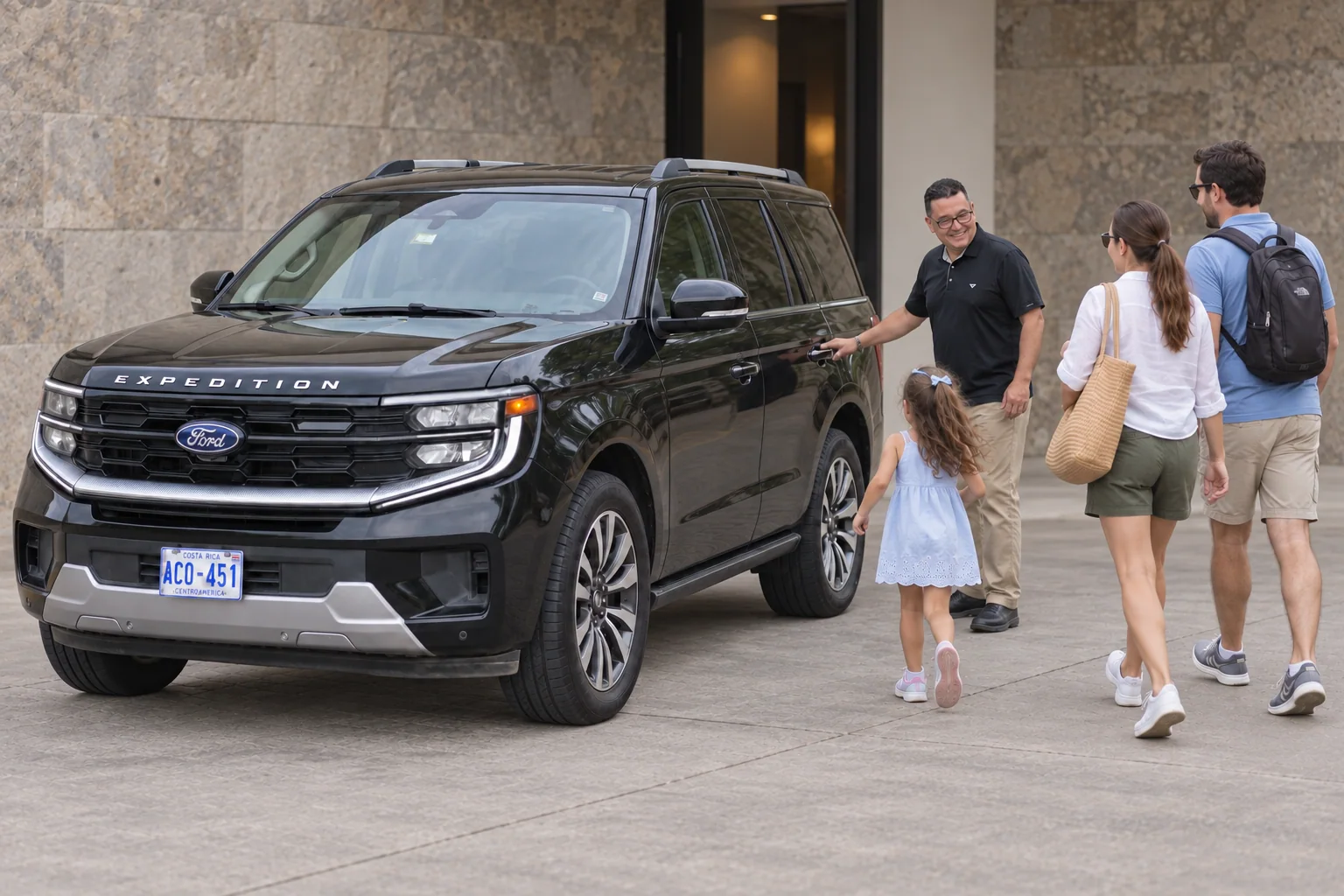 A private driver welcomes a family beside a Ford Expedition
