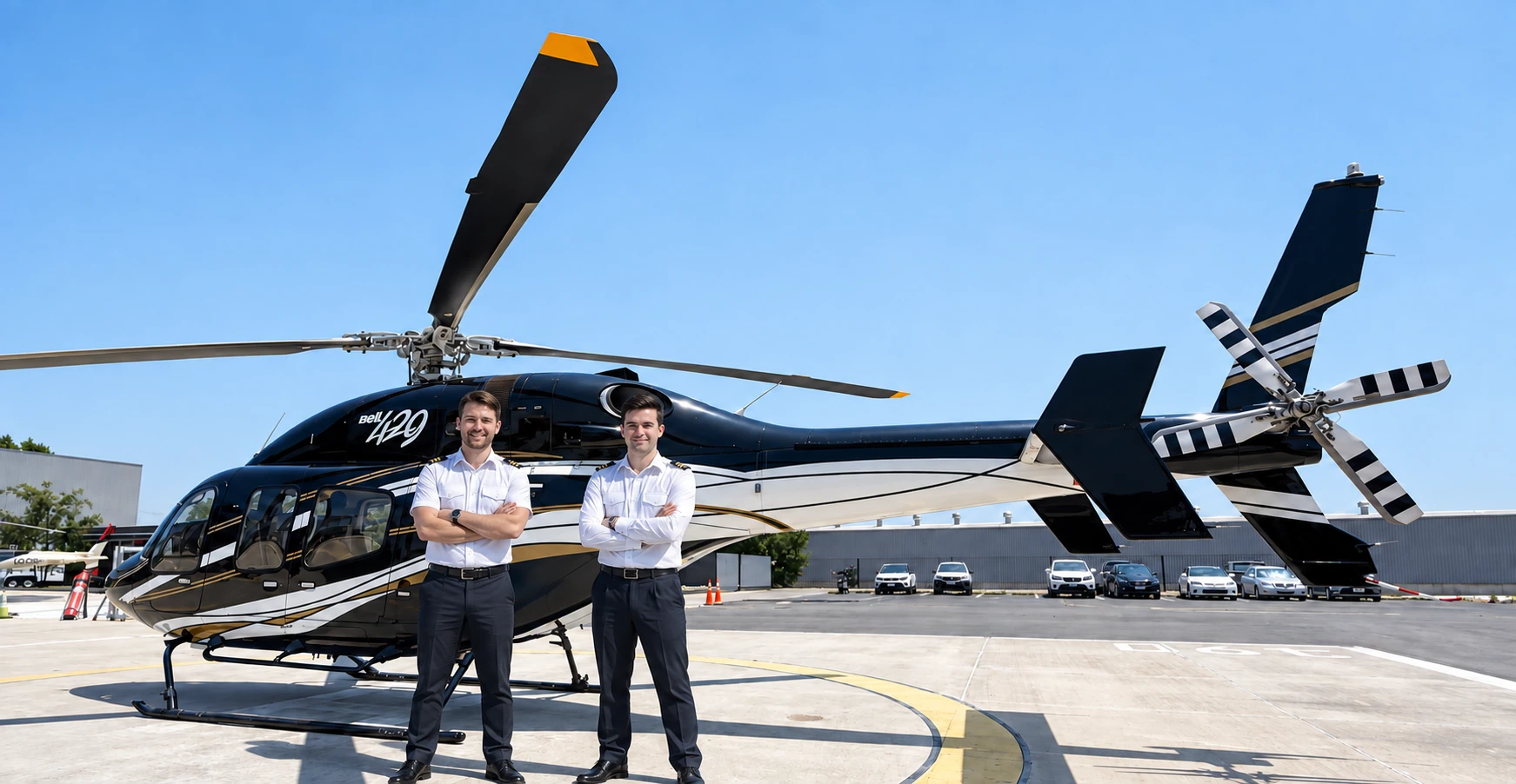 Illustrative portrait of two pilots beside a Bell 429 helicopter