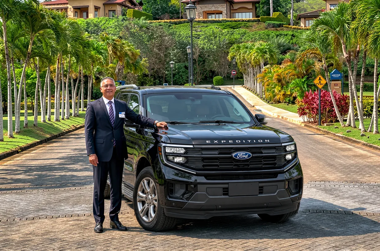 A suited private driver beside a Ford Expedition on a palm-lined Costa Rica resort road