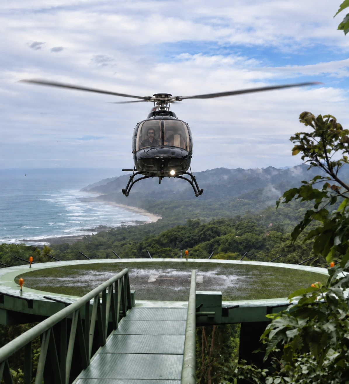 Illustrative helicopter arriving at a coastal rainforest helipad