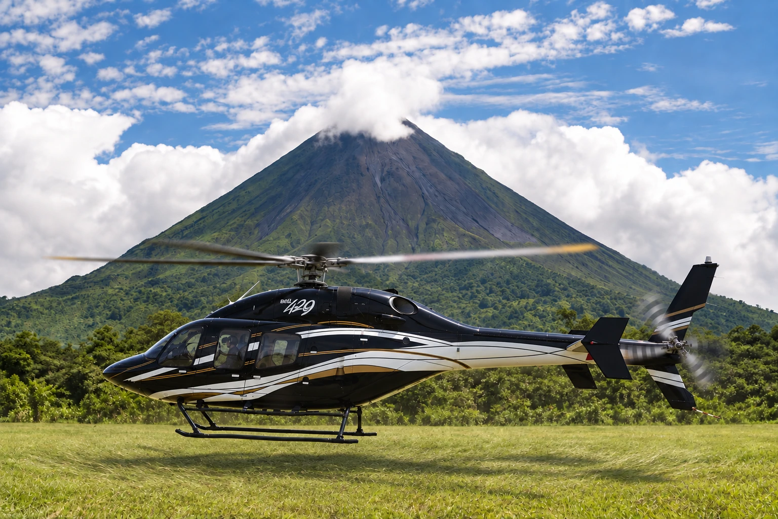 Illustrative private helicopter hovering in front of Arenal Volcano