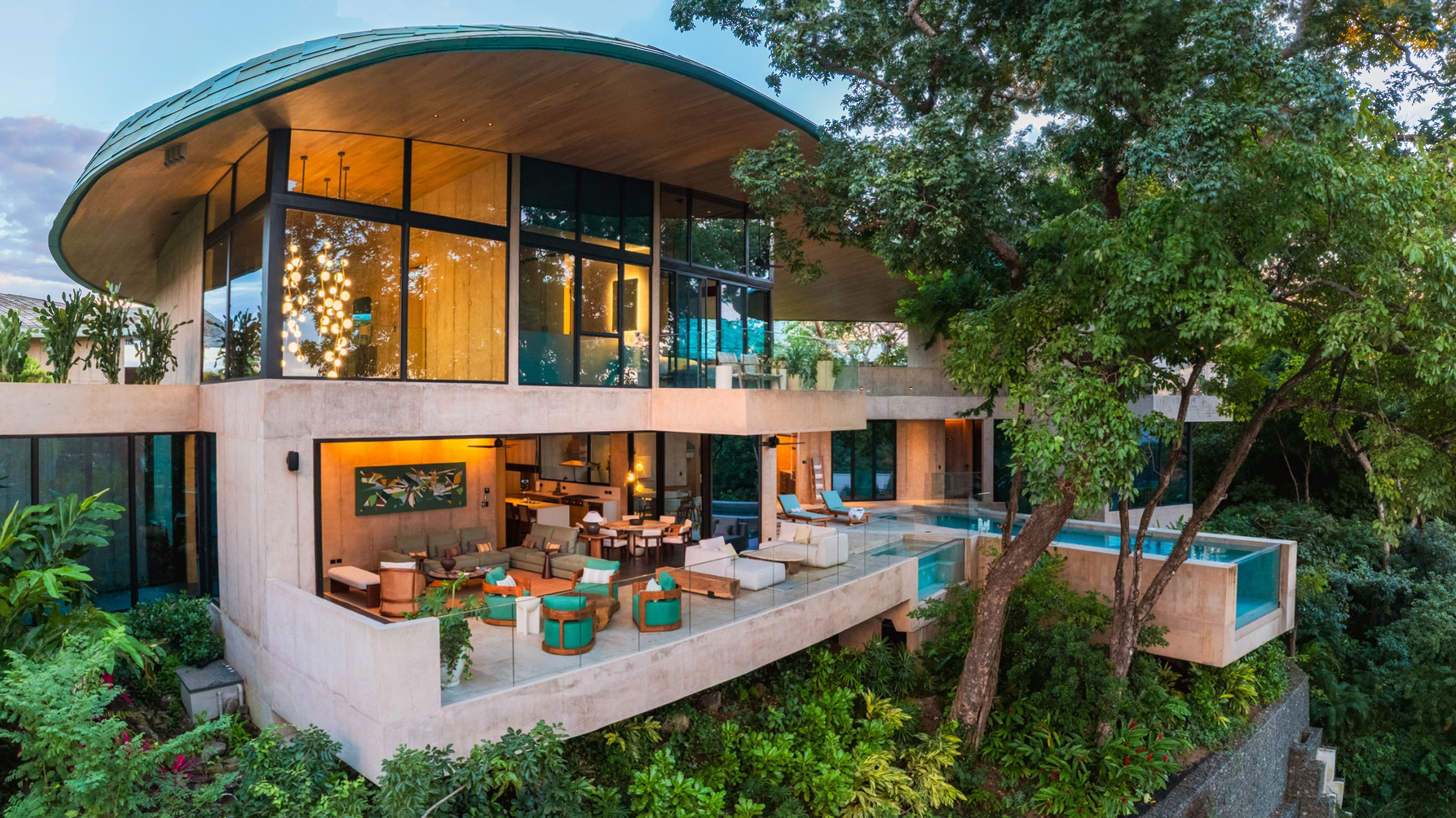 AI-enhanced photograph of the Coveview Villa's curved roof, glass-walled interiors and furnished terrace among trees