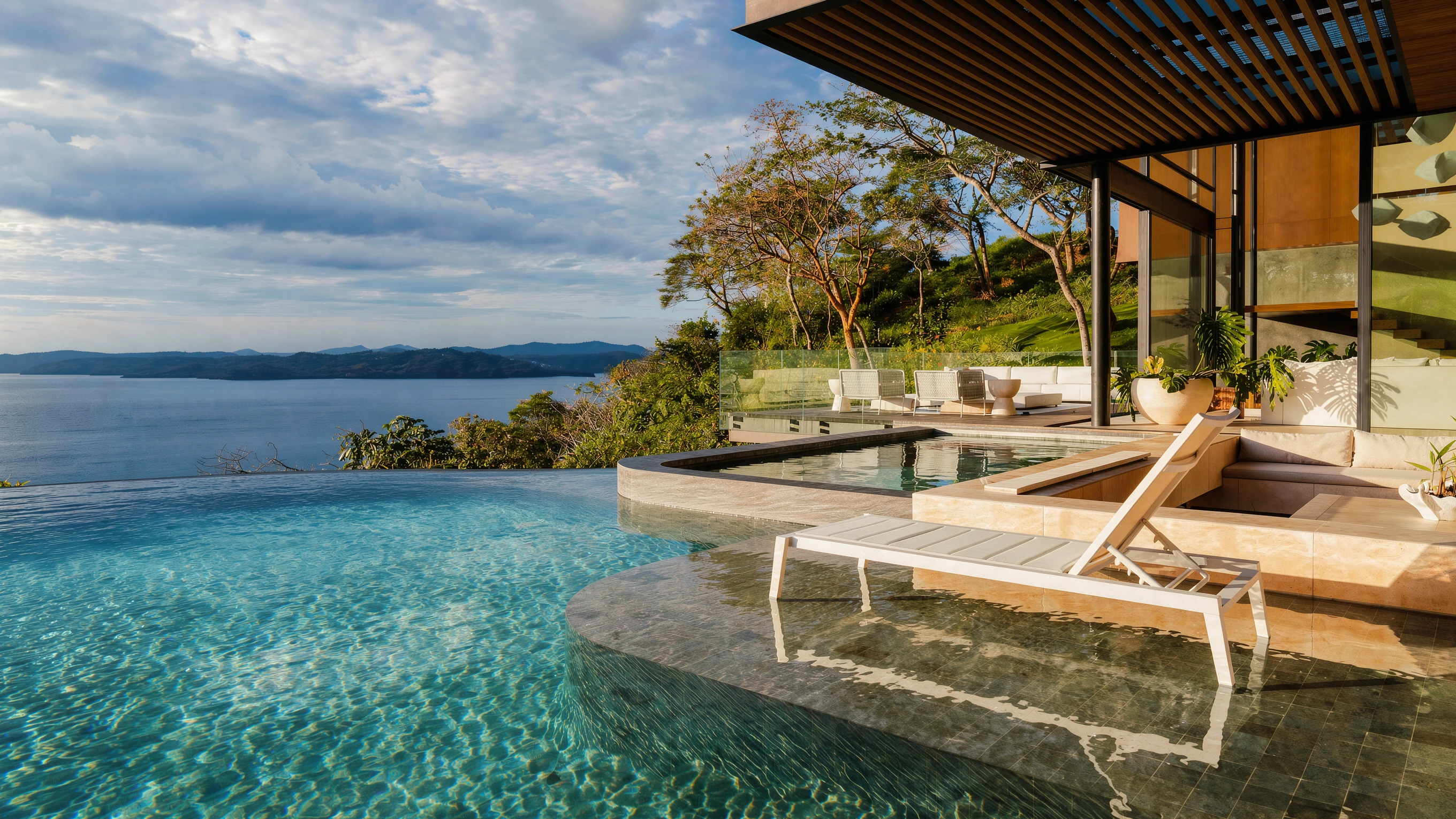 AI-enhanced photograph of Papagayo 6BR Horizon Pool Villa: infinity pool overlooking the bay