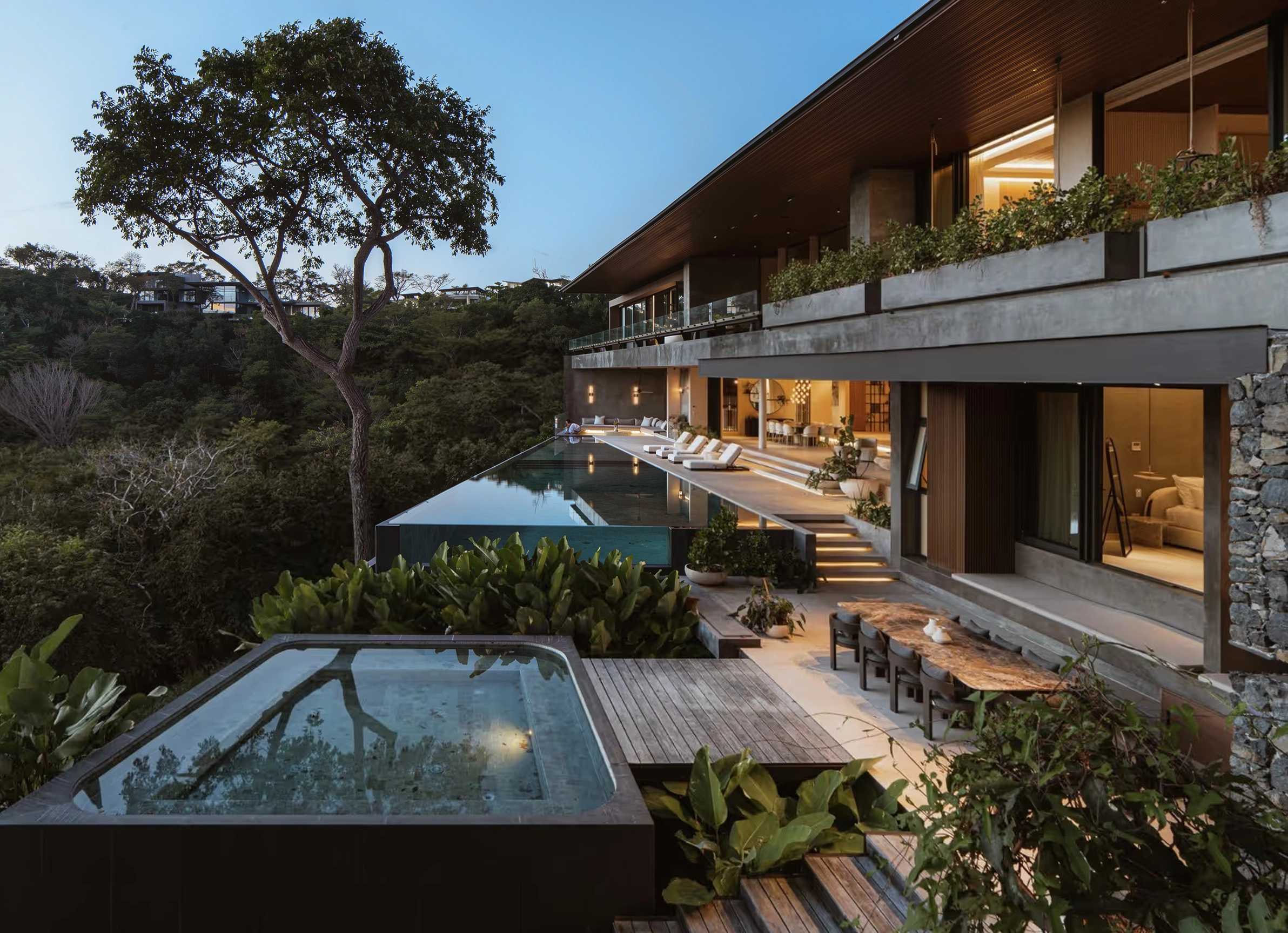 AI-enhanced photograph of the Sanctuary Villa pool, hot tub and terraces surrounded by tropical trees
