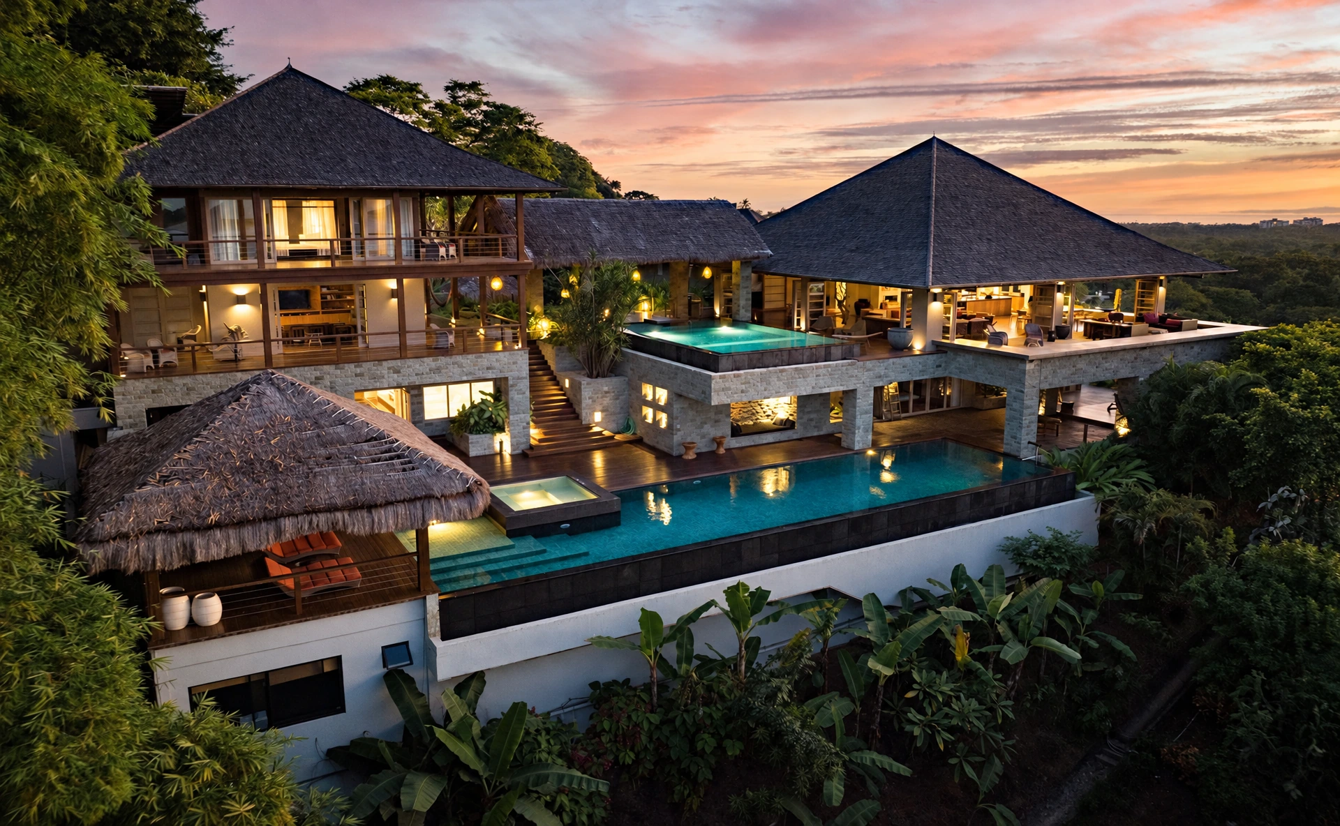 AI-enhanced photograph of the Balinese Villa, its timber pavilions and pool above Tamarindo