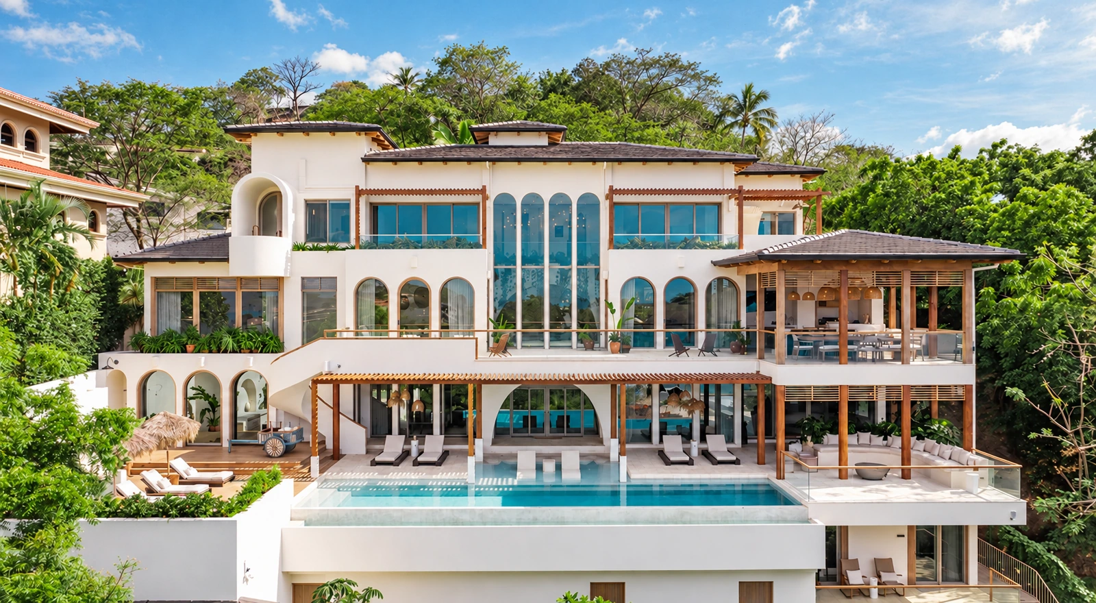 AI-enhanced photograph of the Flamingo Ocean View Estate with terraces overlooking the Pacific
