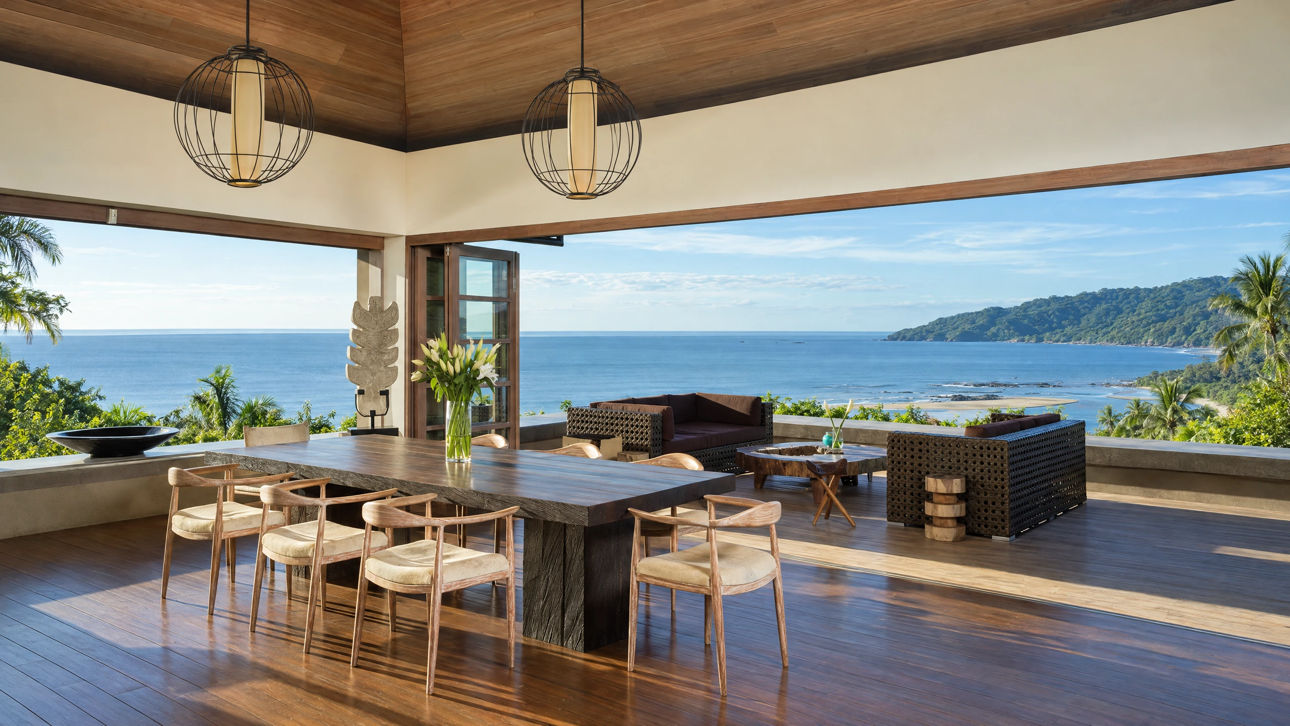 AI-enhanced photograph of an open-air dining pavilion overlooking Tamarindo Bay at the Balinese Villa