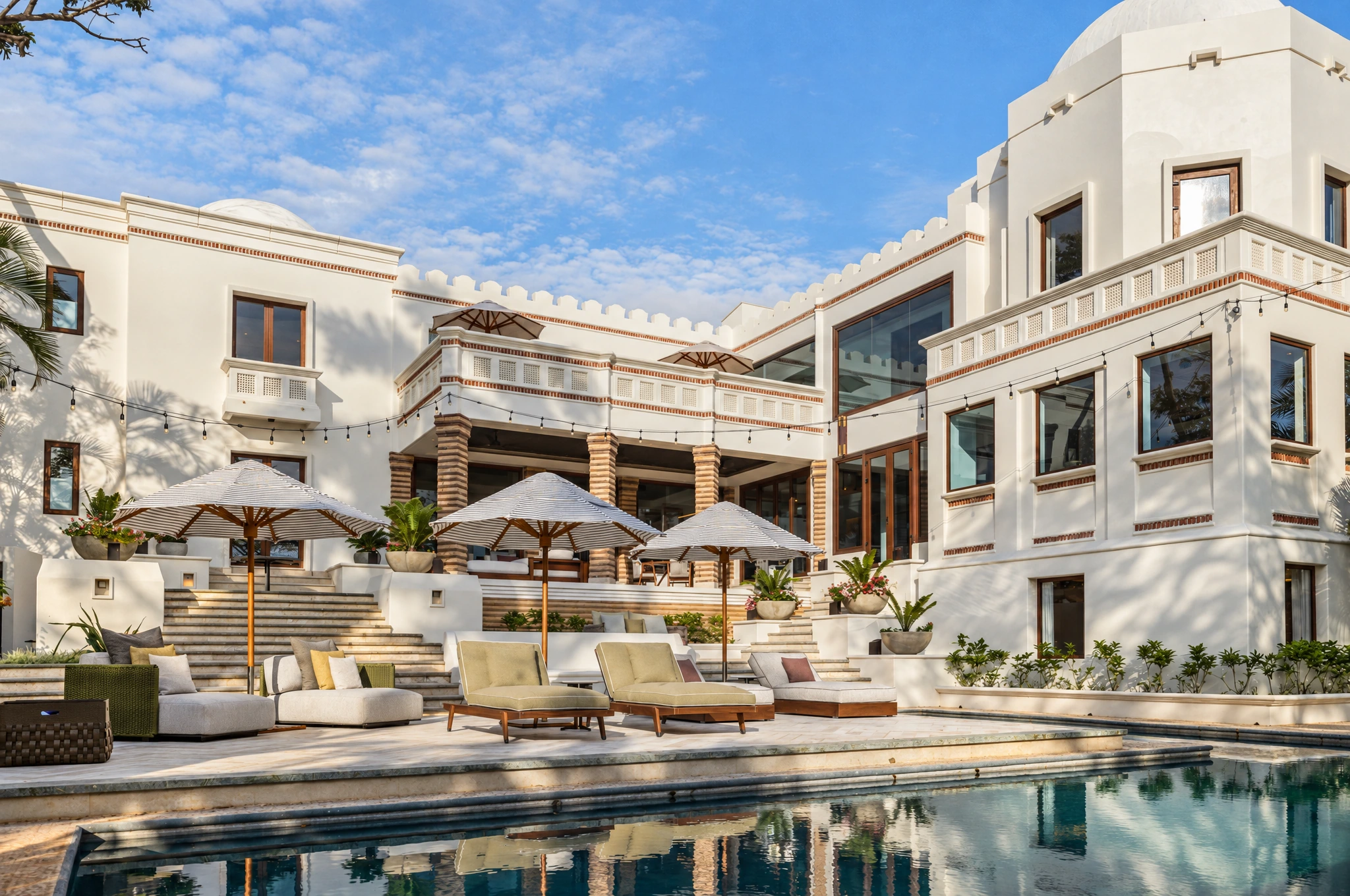 AI-enhanced photograph of the Langosta Beachfront Villa, its pool and tropical garden