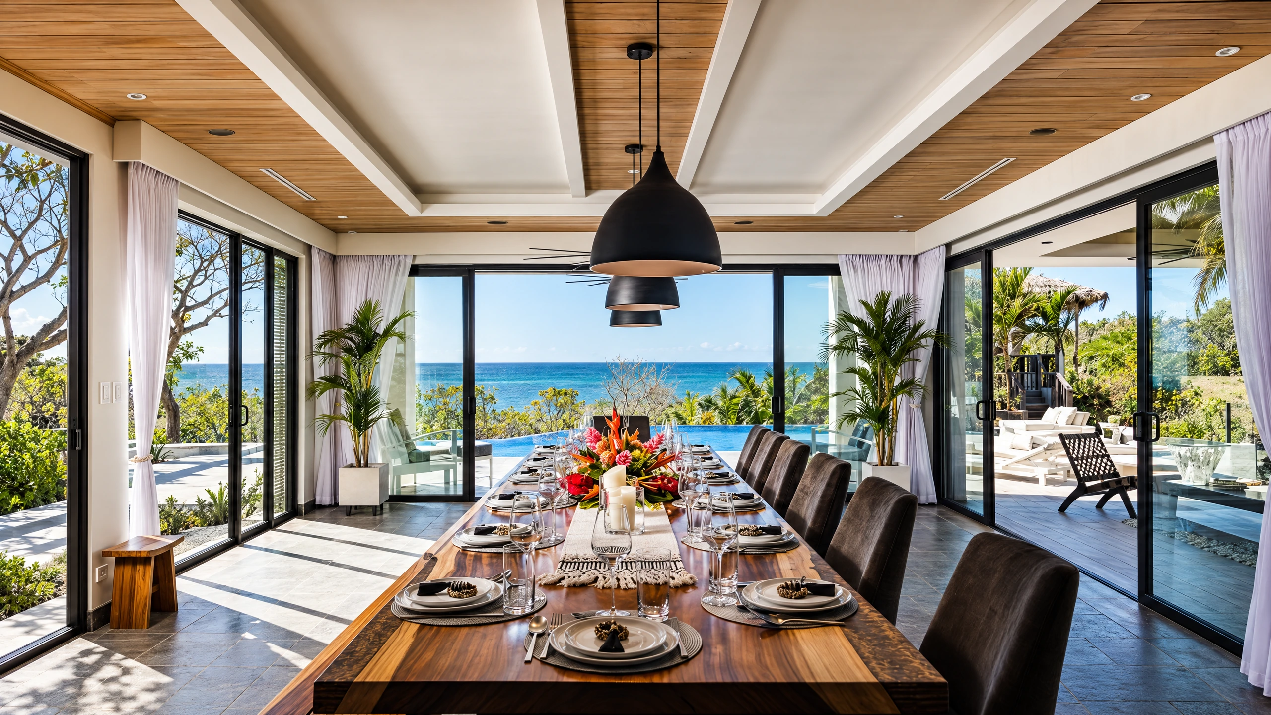 AI-enhanced photograph of Langosta 7BR Ocean View Villa: dining room and ocean views