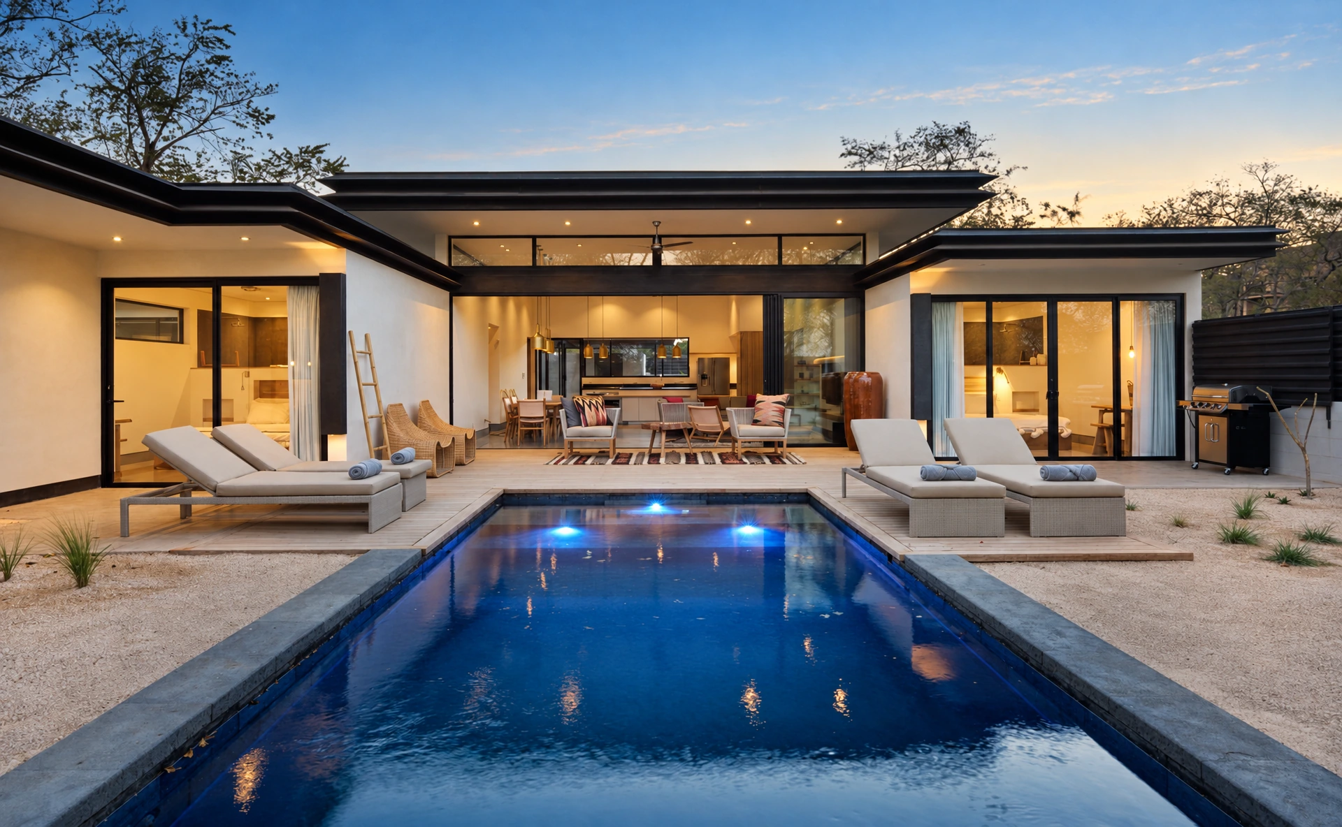 AI-enhanced photograph of the Tropical Villa's private pool, garden and contemporary exterior