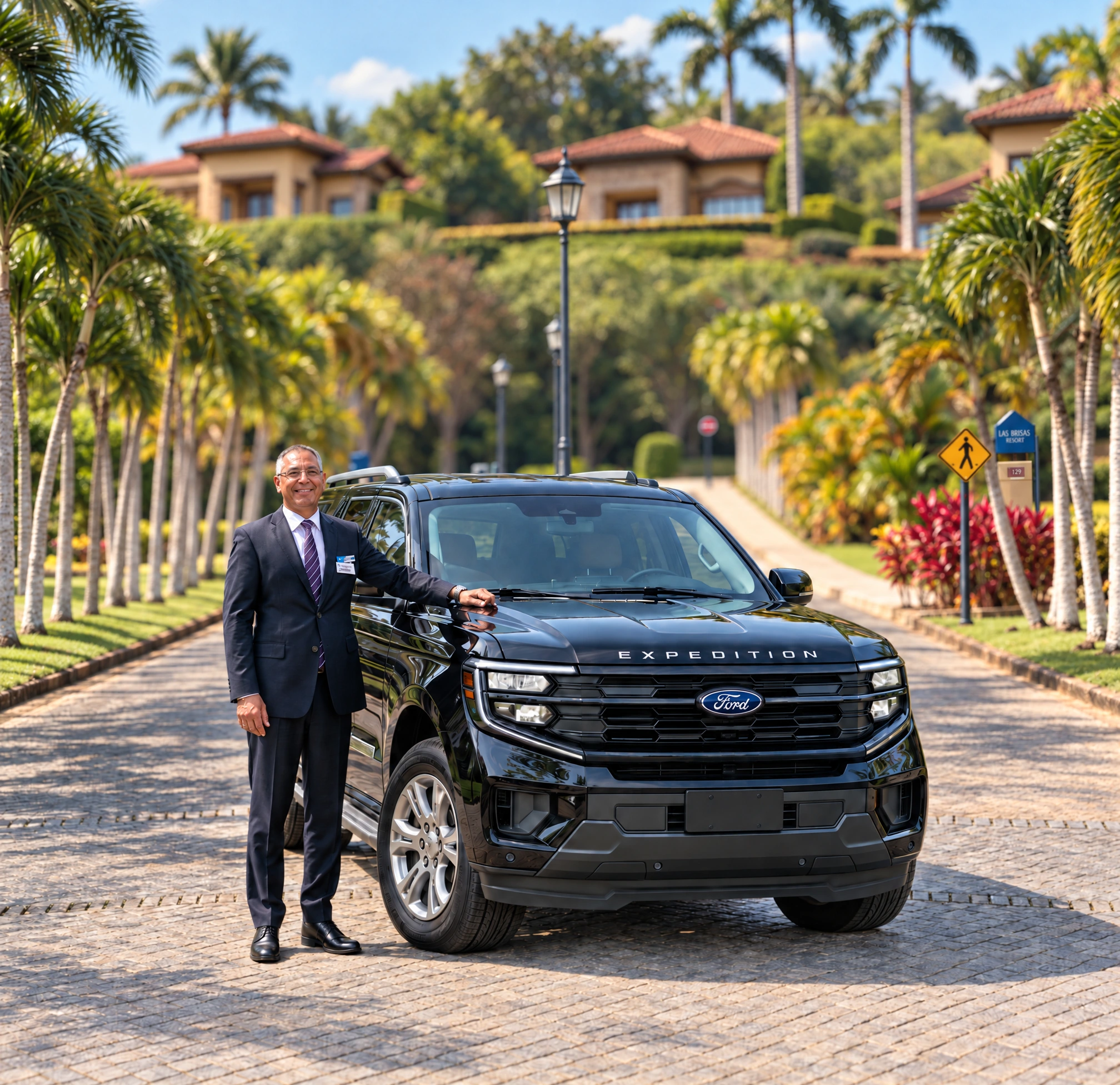 A suited private driver beside a Ford Expedition on a palm-lined resort road