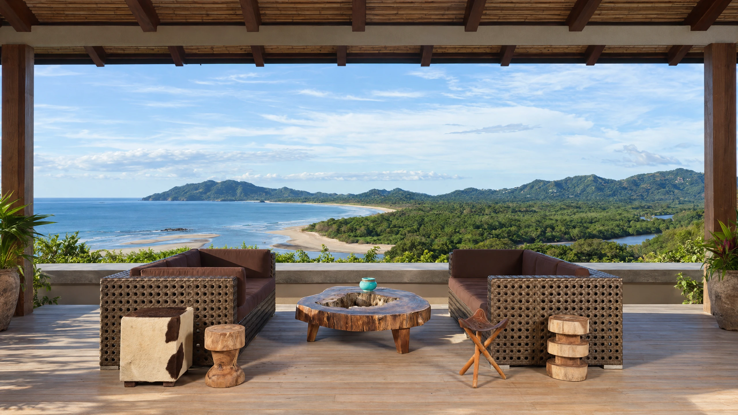 A private villa terrace overlooking the beach and forested Costa Rica coastline