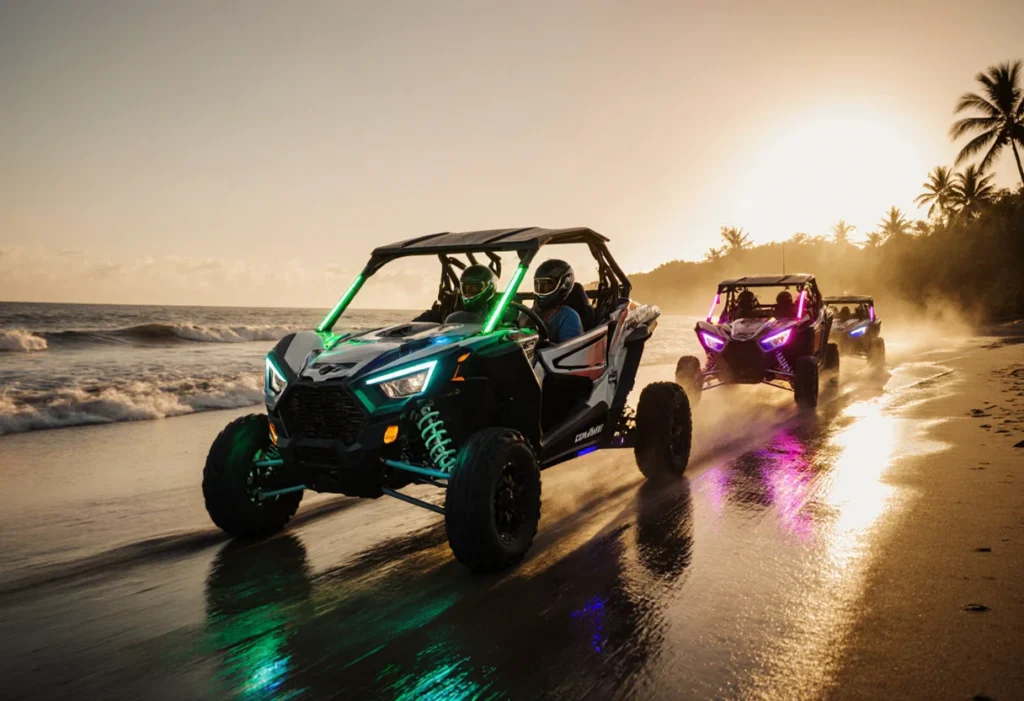 Off-road side-by-sides with colorful LED whips driving along Costa Rica’s shoreline.