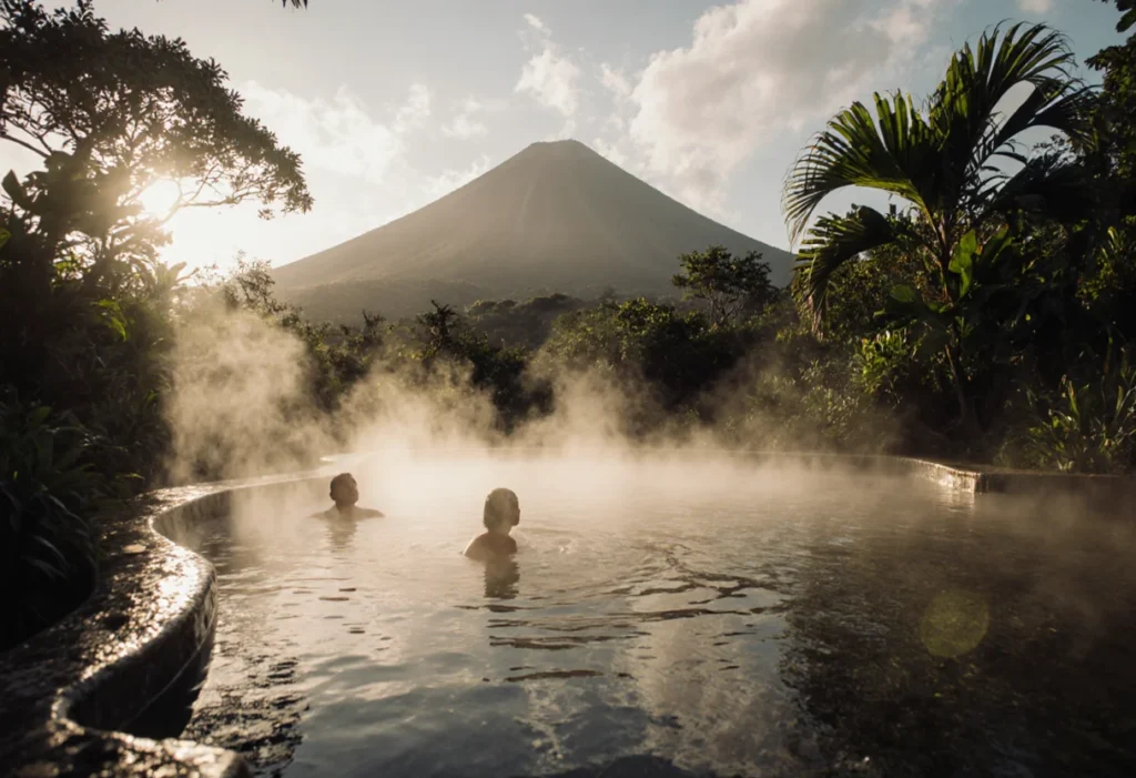 Steaming natural hot springs in La Fortuna with lush gardens and a volcanic peak in the background