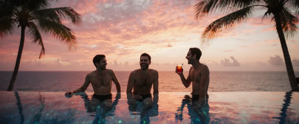 men enjoying drinks in an oceanfront infinity pool at golden hour.