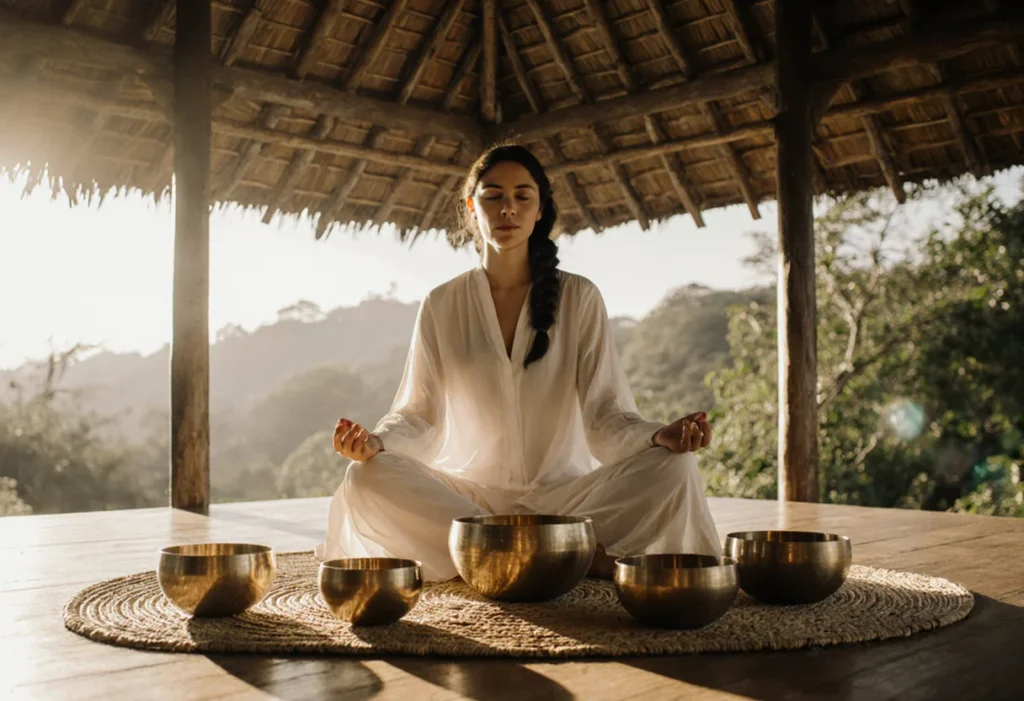 Sound healing ceremony in Costa Rica with crystal singing bowls and a healer in white clothing