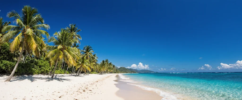 Sunny tropical beach in Costa Rica with clear turquoise water, white sand, and a deep blue sky.