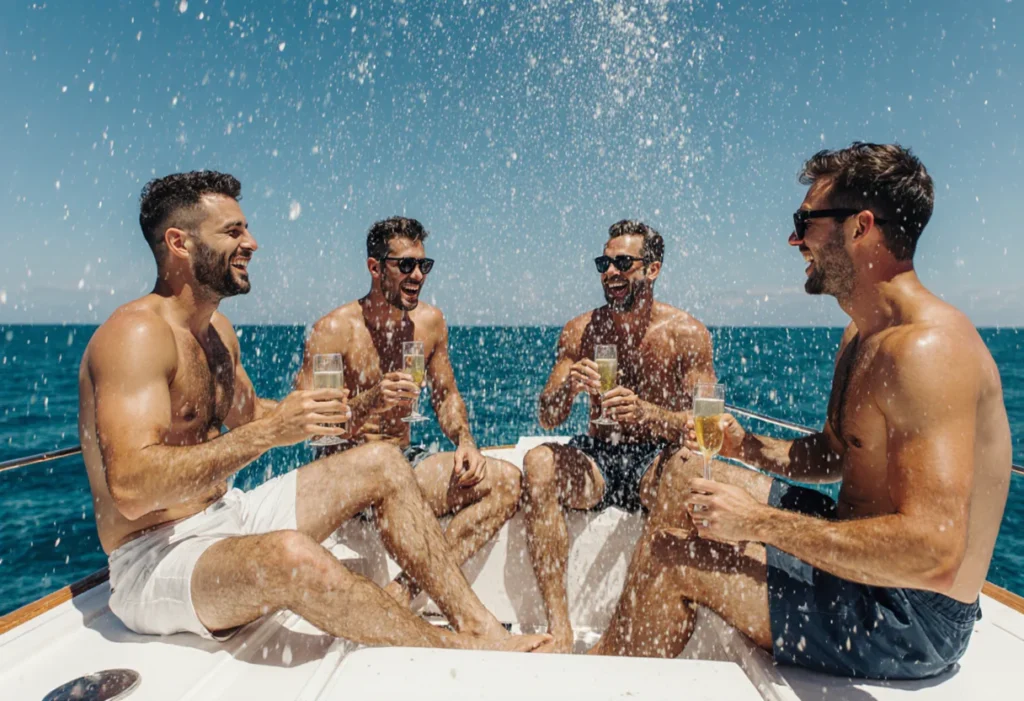 Group of men toasting with champagne on a yacht in the Pacific Ocean.