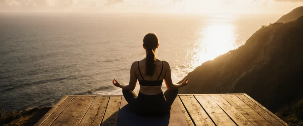 Clifftop yoga deck overlooking the Pacific Ocean in Costa Rica at golden hour