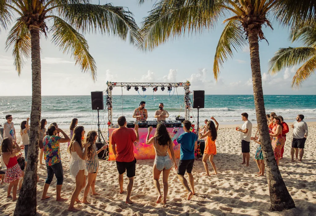 Group of friends dancing barefoot on the sand under palm trees with a live DJ set against the ocean backdrop.