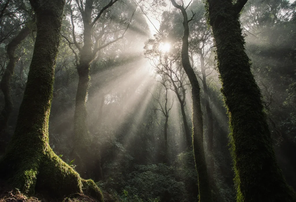 Mist drifting through the mossy canopy of Monteverde Cloud Forest in Costa Rica.